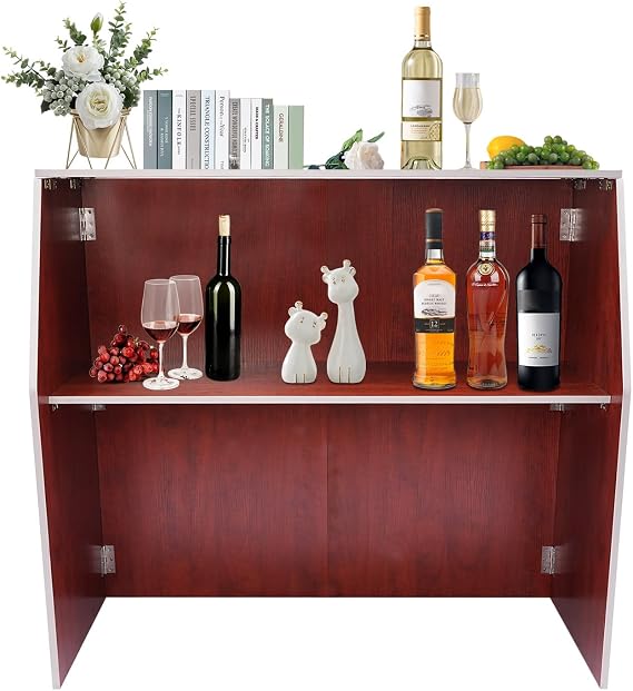 Portable Bar Table for Event, 2 Tiers Foldable Bar Table Bar Reception Desk Mobile Bar Counter Table Party Reception Desk, Portable Event Bar Checkout Stand for Catering Party (Brown)