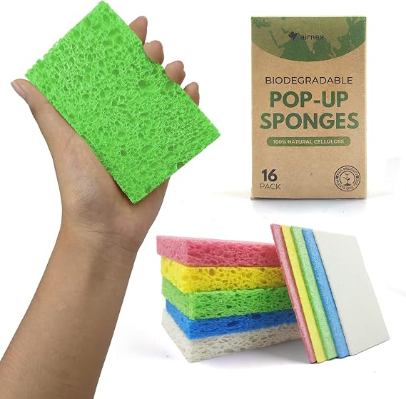 Pack of 16 Biodegradable Compressed Sponges for Dishes - Made from Cellulose - Eco Friendly, Non Scratch, Odour Free, Compostable Pop Up Sponges for Kitchen & Bathroom - Green America & PETA Certified