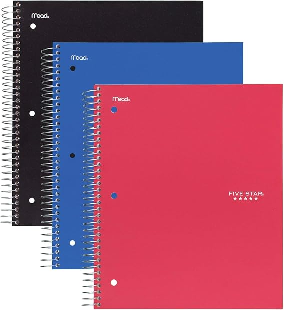 Five Star Spiral Notebooks, 1 Subject, Wide Ruled Paper, 100 Sheets, 10-1/2" x 8", Red, Black, Blue, 3 Pack (73059)