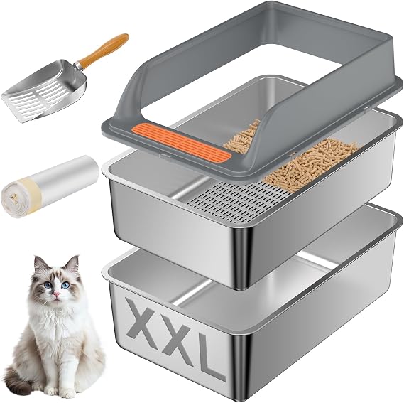 Stainless Steel Sifting Toilet, XXL Extra Large Sifting Cat Toilet for Pine Pellets & Large Cats, Metal Pellet Sieving Toilet Odour Control Sifting Box Liner & Metal Pellet Sifting Toilet