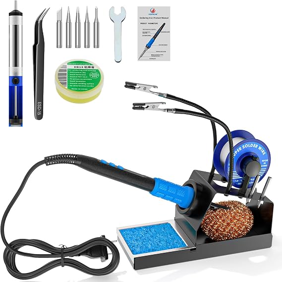 Soldering Iron Kit, 100W High Power LCD Soldering Iron, 2 Helping Hands Soldering, Flux, Iron Tips, Tin Wires, Solder Sucker, Tweezers. C/F Conversion, Auto Sleep,Temperature Calibration