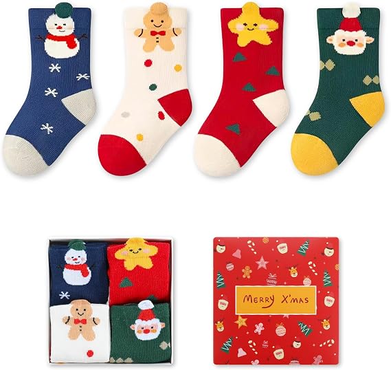 Kids Christmas Socks - 4 Pairs, Christmas Socks for Kids