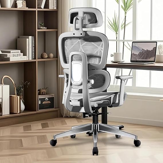 Ergonomic Office Chair,High Back Desk Chair with 3-Gear Lumbar Support,3D Armrest and Adjustable Headrest,Mesh Height Swivel Computer Gaming Chair,Tilt Function(Gray)