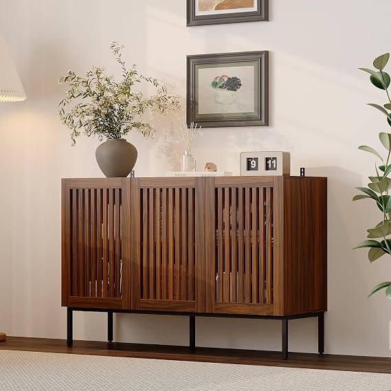 Sideboard with 3 Slatted Doors, Buffet Storage Cabinet with Adjustable Shelves, Wooden Storage Cabinet for Living Room Dining Room, Walnut Finish, 39 D x 120 W x 80 H cm
