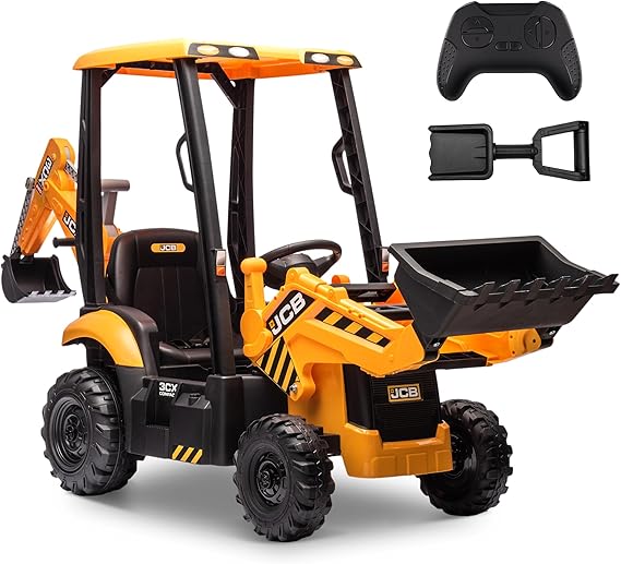 ENYOPRO 12V JCB Electric Backhoe Loader Toy Car for Kids, Battery Powered Ride on Construction Vehicle Toys w/Front Loader & Excavator, Remote Control, Moving Parts, Adjustable Seat, Soft Start