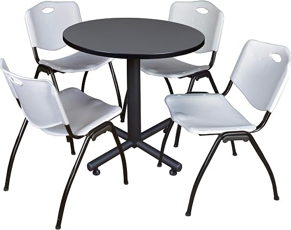 Regency Kobe 30 in. Round X-Base Breakroom Table- Grey, 4 M Stack Chairs- Grey