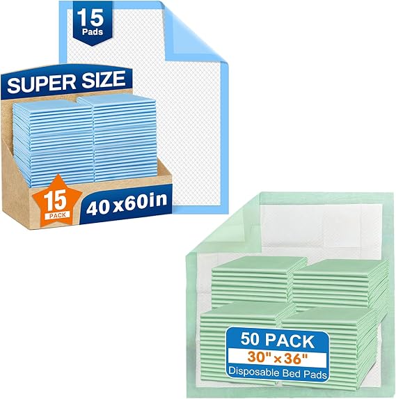 Total 65 Pads-Disposable Bed Pads 40"X60" (15pcs) and 30"X36" (50pcs) Extra Large Pee Pads for Incontinence Heavy Duty Super Absorbent Underpads Waterproof Chucks Pads for Adults,Elderly or Pets.