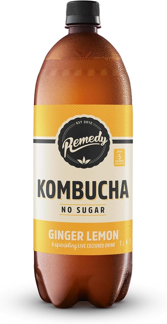 Remedy Kombucha Tea - Ginger Lemon - Sparkling Live Cultured, Naturally Sugar Free Soft Drink - Probiotic for Gut Health - 1 x 1L Bottle