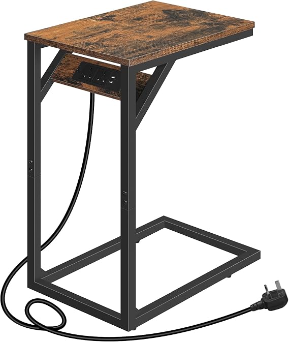 HOOBRO C Shaped Side Table, Bedside Table with Charging Station, Slim Sofa Side Table Laptop Table, 2 USB Ports 2 AC Outlets, Narrow Bedside Tables for Small Space, Rustic Brown and Black EBF07KSF01