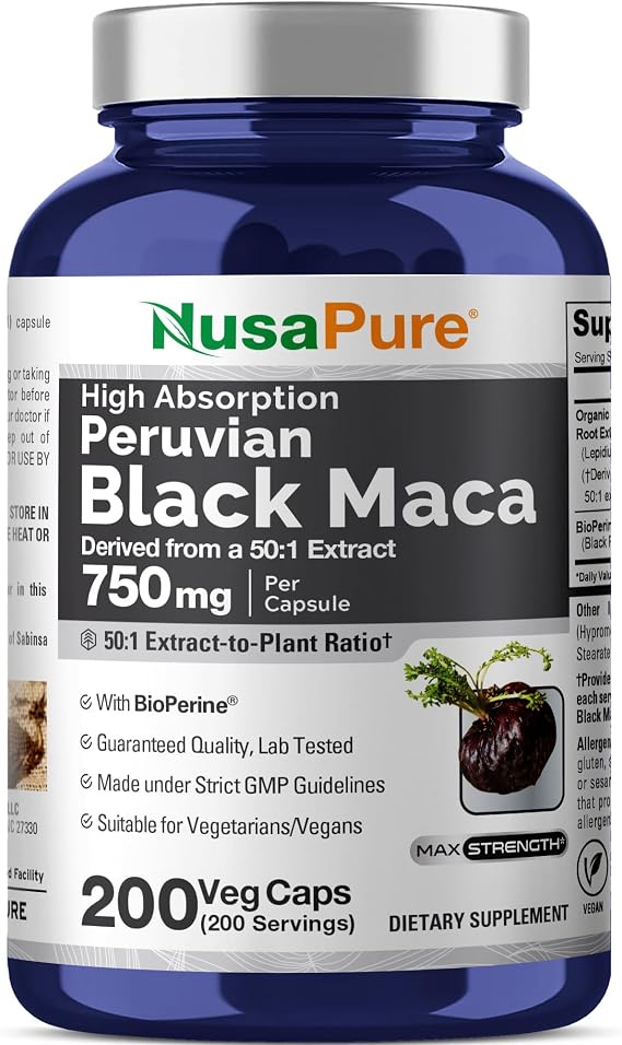 Peruvian Black Maca Root, Vegan, 750mg, 200 Veg Capsules - 200 Servings | Herbal Formula, Lepidium Meyenii Root 50:1 Extract, Non-GMO, Suitable for Adults, Made in a cGMP Registered Facility USA