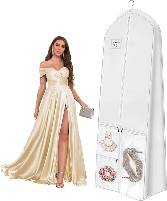 72" Garment Bag for Long Dress for Traveling for Gowns Quinceanera Dress Sweet 16 Dress Vestido de 15 años Wedding Dress Prom Dress Long 3 Extra Pockets Dress Garment Cover for Women, White