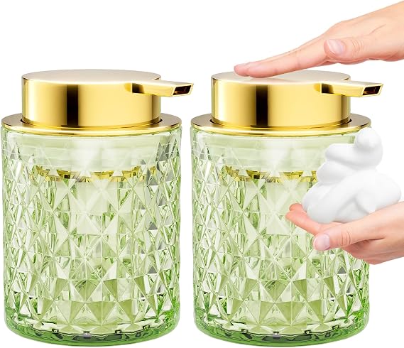 Bathroom Accessory Set, Foaming Soap Dispenser 2Pack, Glass Hand Foaming Soap Dispenser, Refillable Clear Pump Bottles for Liquid or Lotion, Crystal Handwash Dispenser for Bathroom, Kitchen,Green