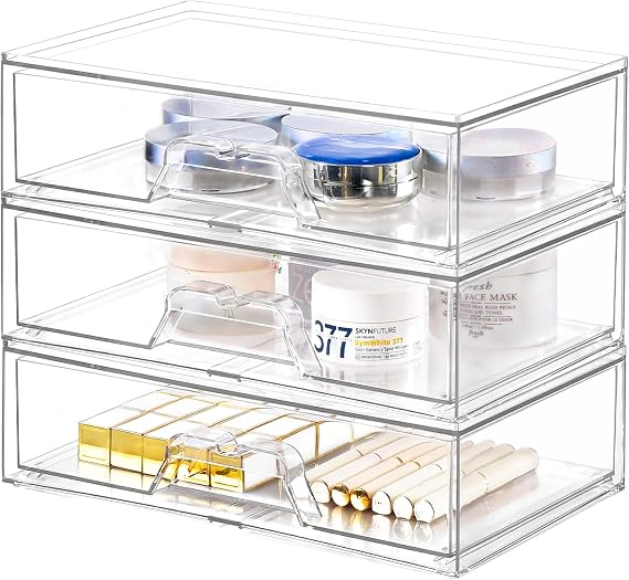 Stebopum 3 Pack Stackable Plastic Storage Drawers,Acrylic Makeup Organiser