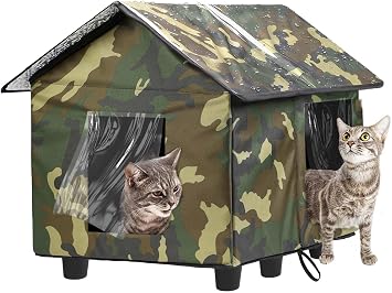 Elevated Insulated Outdoor Cat House Weatherproof - 20"x19"x17" Waterproof PVC Top & Aluminum Film Liner Camouflage Feral Cat Shelters for Keeping Cats Winter Warm, Green