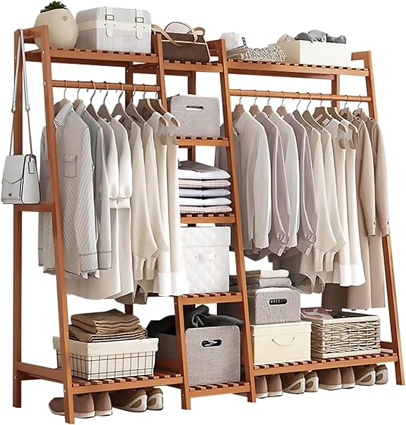 Bamboo Clothing Garment Rack,Portable Storage Shelf Coat Clothes Hanging Rack,Free Standing Clothes Coat Hanger Closet Organizer with Shoe Rack Wardrobe for Living Room Bedroom, Brown