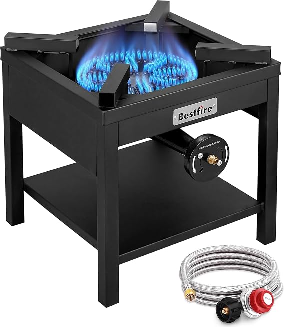 Bestfire 260,000 BTU Outdoor Propane Gas Stove, 0-20 PSI Adjustable Regulator, Steel-Braided Hose, High Pressure Single Burner Cooker for Turkey Fryer, Seafood Boil, Quemador de Gas Propano