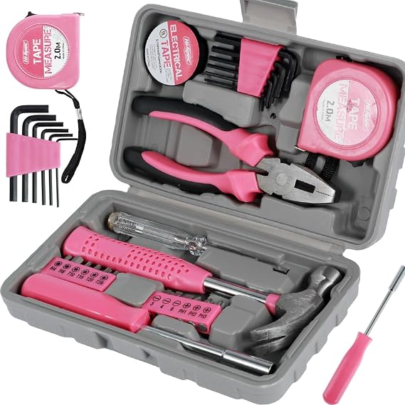 24 Pcs Home Repair Tool Kit General Household Hand Toolbox Set with Storage Case DIY Tools Hammer and Allen Key Set with Electrical Tape Screwdriver Test Pen Plier Bits for Men Women & Beginner