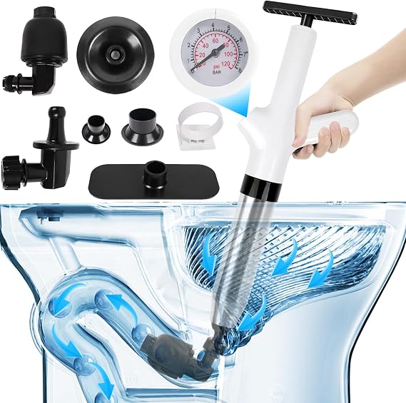 Toilet Plunger, Drain Clog Remover, High-Pressure Air Drain Blaster with Real-Time Barometer Powerful Drain Sink Plunger Plumbing Tools, Plungers for Bathroom Sink Floor(White)