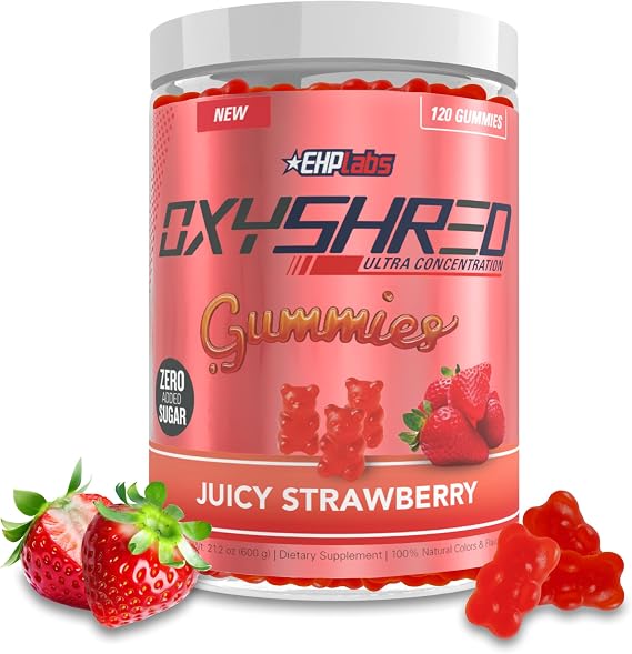 EHP Labs OxyShred Pre Workout Energy Gummies, Strawberry, 60 Servings