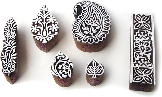 Ethnic Paisley and Floral Designs Wooden Block Stamps (Set of 6)