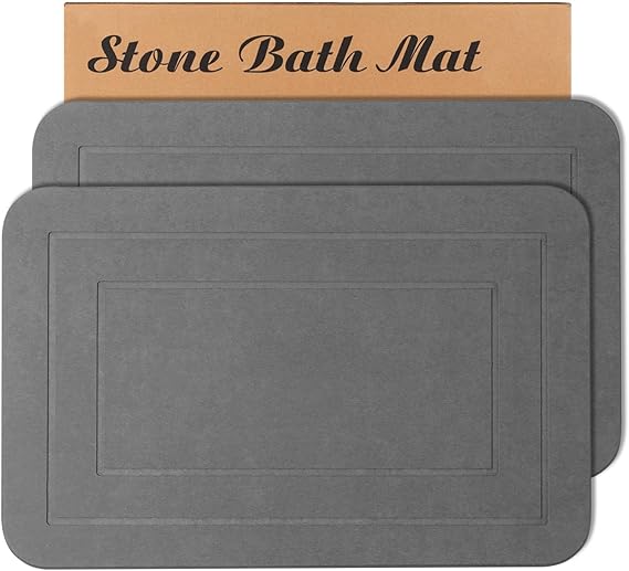 HUMIGA 2 Pack Stone Bath Mat, Diatomaceous Earth Shower Mat, Non-Slip Super Absorbent Quick Drying Bathroom Kitchen Floor Mat (Grey, 24x15)