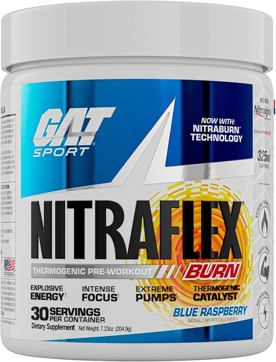 GAT SPORT NITRAFLEX Burn, Blue Raspberry, 7.23 oz (30 Servings) | Thermogenic Pre-Workout Energy Supplement Drink Mix with Nitrosigine & Caffeine Anhydrous*