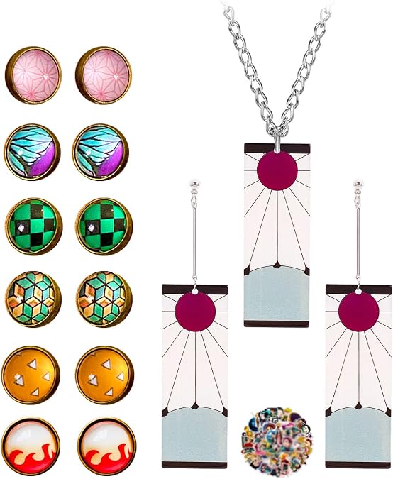 TFYU Demon S. Earrings Set Kimetsu No Yab Rengoku Mitsuri Necklace Taj.o Ear Studs with Anime Stickers 33 pcs