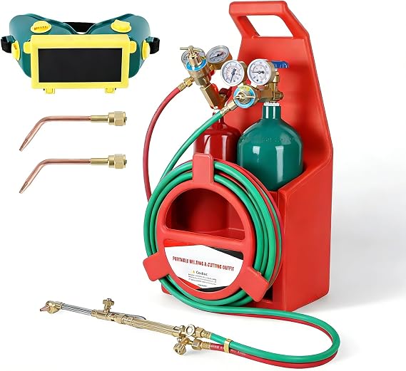 Portable Oxy Acetylene Welding & Cutting Kit, Professional Gas Welding Cutting Brazing Outfit with Oxygen/Acetylene Regulator Gauges, 12.5 Feet Twin Hose, Cuttings Torch & Carry Tote Stand Red