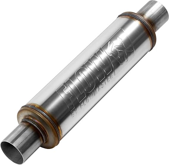Flowmaster Flow FX Chambered Muffler 2.25 Center In / 2.25 Center Out Round Body Moderate Sound Stainless Steel Affordable Performance for Modern Trucks, Muscle Cars & Daily Drivers, 71415