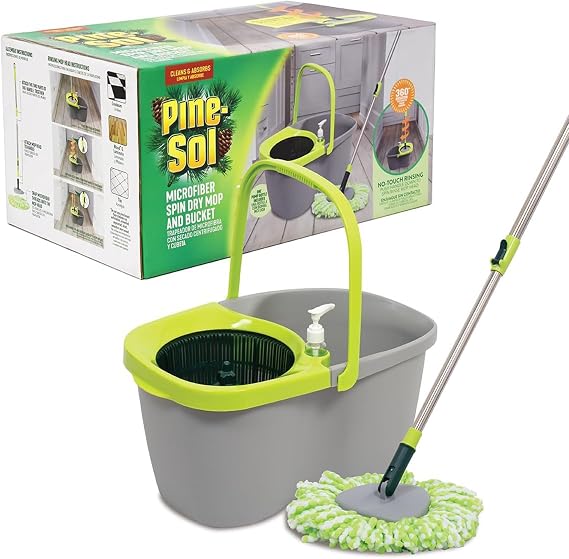 Pine-Sol Spin Mop and Bucket Set - Microfiber Mop Head with Extendable Handle and Easy Wring Bucket - Multi Surface Floor Cleaning System for Wet Mopping