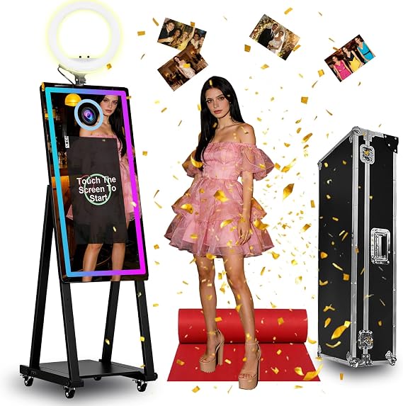Magic Mirror Photo Booth with 21.5 Inch Touch Screen, Portable Photobooth Machine with RGB LED Fill Light & Flight Case for Weddings Parties Events (Black, Photo Booth)