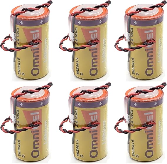 6X OmniCel ER34615 3.6V 19Ah Size D Lithium Battery with Wire Leads for Emergency Backup, Data Collection, AMR Add-ons, Smoke Alarms, Carbon Monoxide Detectors, Intrusion Sensors