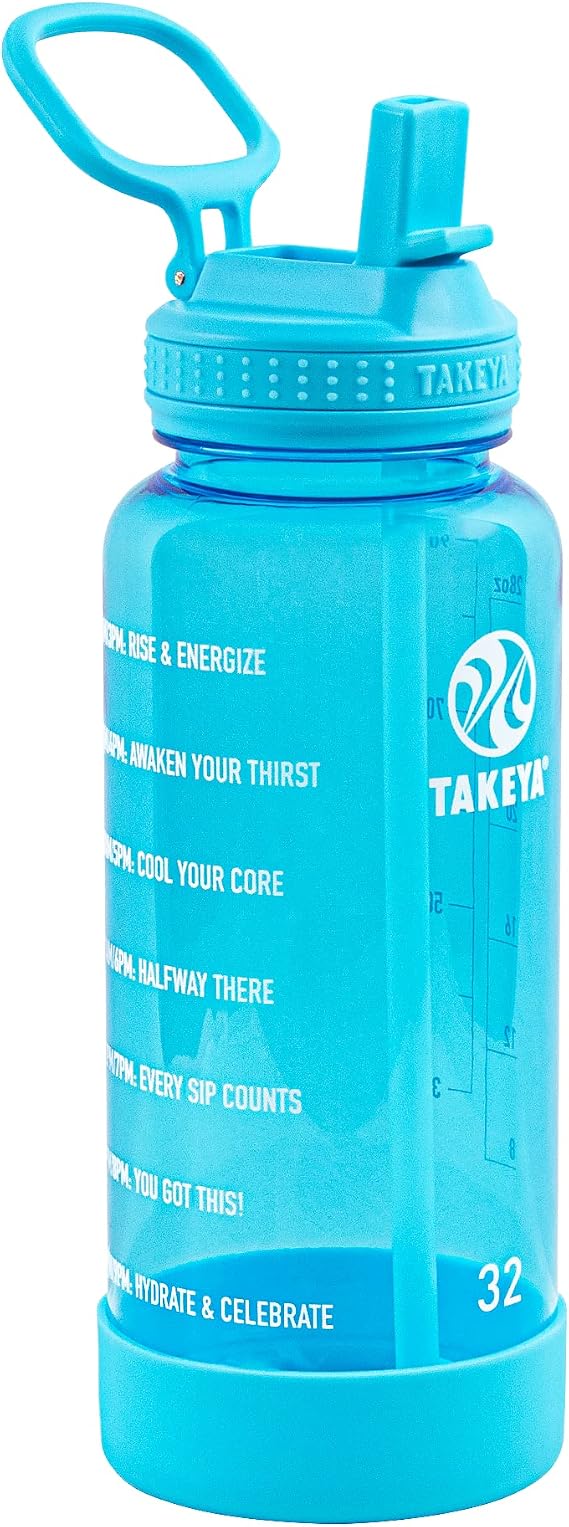 Takeya Motivational Water Bottle with Straw Lid and Time Marker (32 oz, Breezy Blue) - Leakproof, BPA Free Water Bottle for Daily Intake Tracking