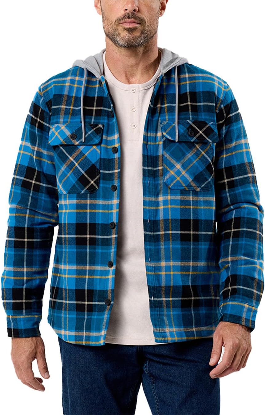 INTO THE AM Ridgeview Flannel Jacket for Men S-4XL Plaid Hooded Quilt Lining Insulated Shirt Jacket Coat