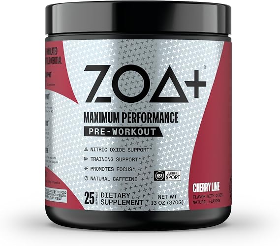 ZOA+ Zero Sugar Pre Workout Powder, Cherry Lime - NSF Certified for Sport with Electrolytes, Creatine, Beta Alanine, Ginkgo Biloba, 200mg Caffeine - 25 Servings