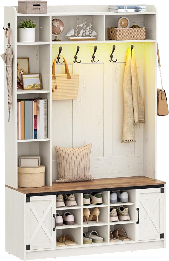 Hzuaneri 47.2" Hall Tree, LED Farmhouse Entryway Storage and Coat Rack Wood, Entryway Furniture with 7 Hooks, Hall Tree with Bench and Storage, 6 Storages Partitions Shoe Bench, Rustic White HT24514X