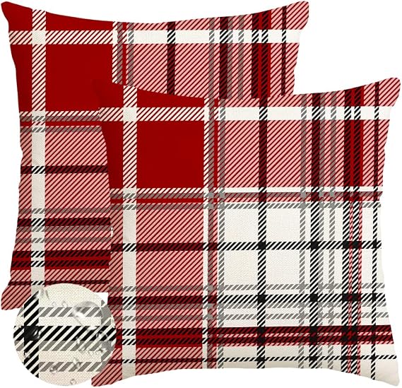 RABUSOFA Christmas Pillow Covers 18x18 Inch Indoor Outdoor Waterproof Set of 2 Buffalo Plaid Striped Holiday Decorative Cushion Cases for Xmas Red Christmas Decor Decorations Couch