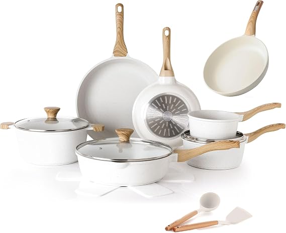 SENSARTE Ceramic Nonstick Cookware Set 17 Piece, includes 8 Inch Frying Pan Skillet, Induction Compatible Omelet Pan
