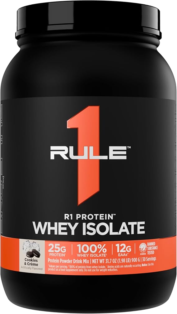 Rule 1 R1 Protein, Cookies & Creme - 1.98 lbs Powder - 25g Whey Isolate & Hydrolysate + 6g BCAAs - 30 Servings