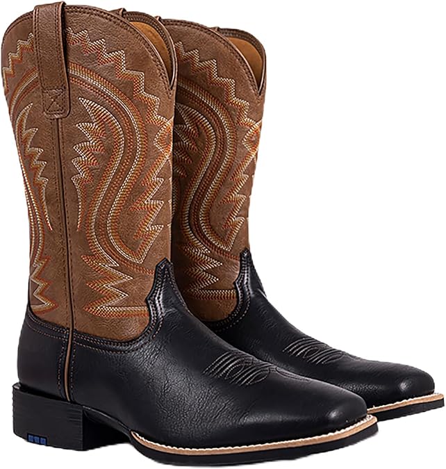 Palitutu Cowboy Boots for Men Classic Square Toe Embroidered Western Boots Comfortable Milk Silk Lining Slip Resistant Pull On Boots for Country Music Festivals Vegan Leather