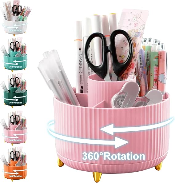 Cayxenful Desk Organiser, 5 Slots 360°Degree Rotating Pen Holder for Desk,Desktop Storage Tidy Organisers, Cute Pen Cup Pot For Office, School, Home (Pink)