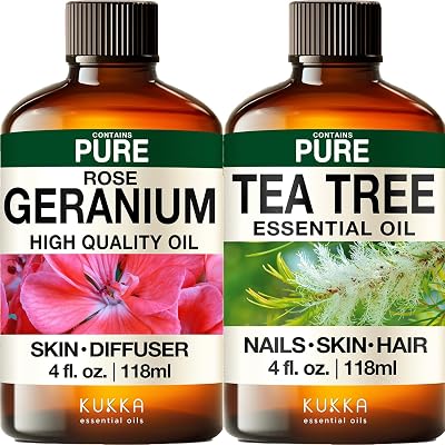 Rose Geranium Oil for Skin & Tea Tree Oil for Skin Set - Aromatherapy Grade Essential Oils Set - 2x4 fl oz - Kukka