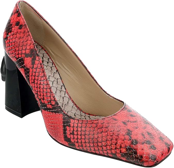 ROBERTO CAVALLI Class Coral/Black Textured Leather Square Toe Block High Heel Pump-