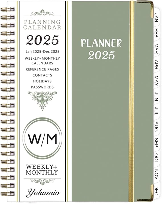 2025 planner, weekly and monthly planner, from Jan.2025 to Dec.2025, A5 (6.2'' x 8.5") With Tabs, Metal Cladding Round Corners, for School, Teacher, College, Student, Office, new version, olive-green