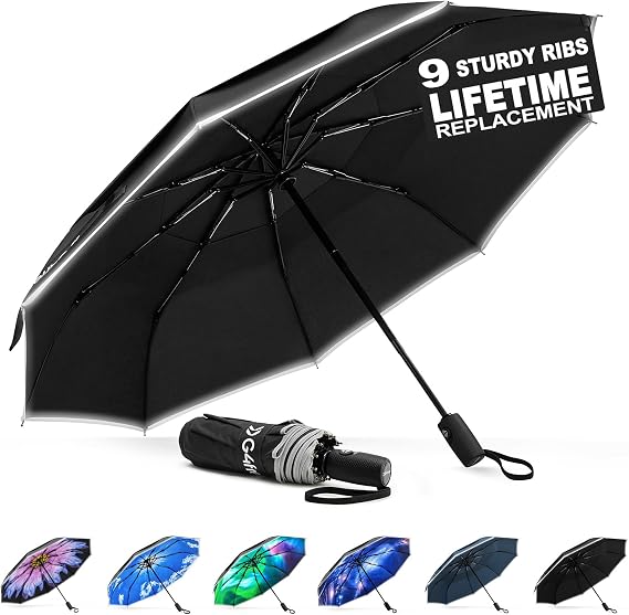 G4Free 42 Inch Eco Windproof Umbrella for Rain Strong Compact Umbrellas | 9 Fiberglass Ribs, Wind Resistant, Double Canopy, Folding Umbrella with Reflective Strip, Auto Open Close, For Car & Backpack