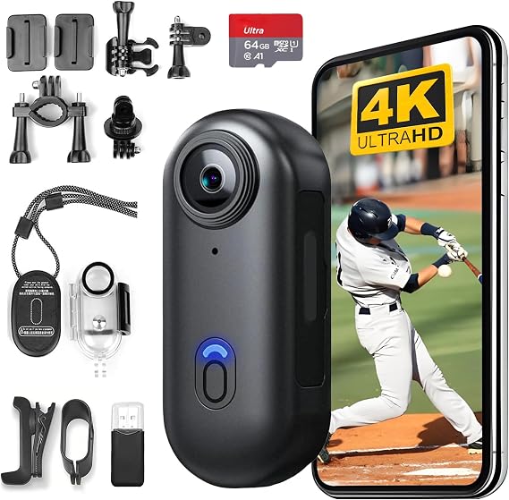 H8 64GB 4K Thumb Action Camera, Mini Body Cameras, Wearable Vlogging Camera | Multiple Accessory Mount Anywhere Small Portable Hands-Free Helmet Cam for Work, Cycling, Travel, Pet Walking(Black)
