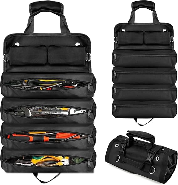 Black Roll Up Tool Bag, Waterproof Tool Roll with Pouches