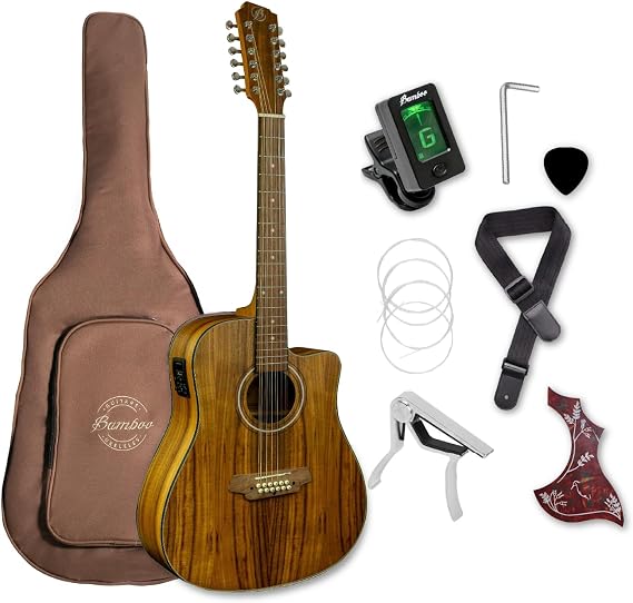 Bamboo 12 String Guitar, 12 String Acoustic Electric Guitar, 42 Inch Full Size Cutaway Acacia Guitar. Requinto. Guitar. Beginner Adult Complete Kit. Docerola. Bridge Reinforcement System., brown