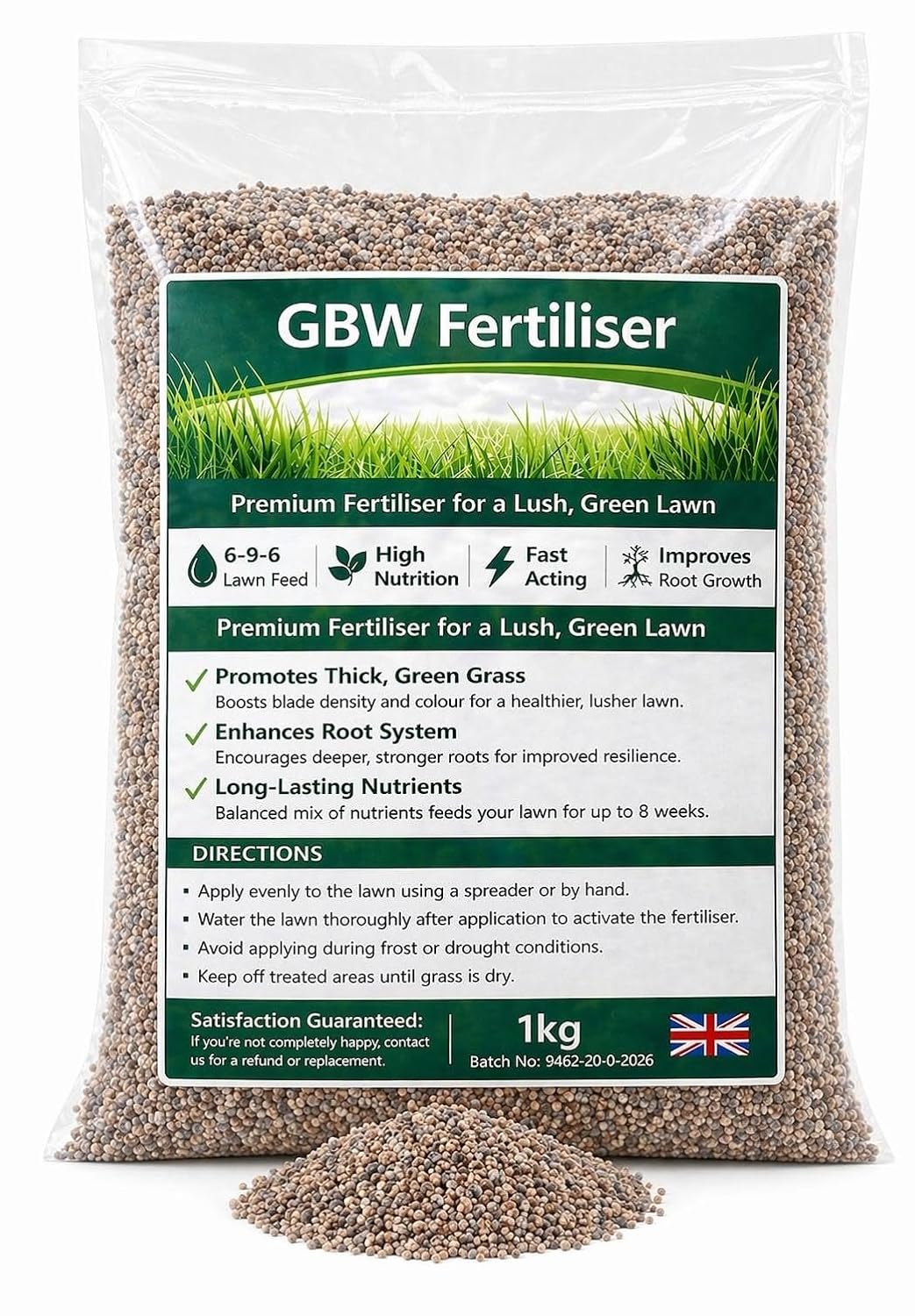 Premium Lawn Fertiliser 1kg - Fast Acting - Delivers Lush, Green Grass - Deep Roots &amp; Rich Soil - Pet Safe - Tailored to UK Climate - 100% Refund (1kg)