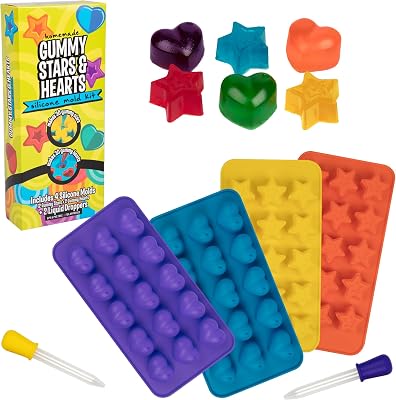 Star & Heart Silicone Candy Molds 4 Pack BPA-Free Nonstick Trays w 2 Droppers for Chocolate, Ice Cubes & More- Make up to 60 Candies for Valentines Day Treats, Parties & Gifts, Fun Winter Activity